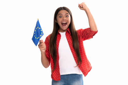 happy child football fan hold european union flag isolated on white, celebrating success