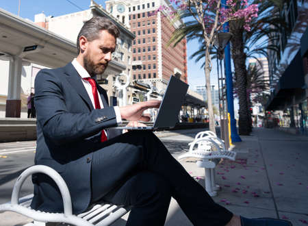 mature man businessman in suit on bench in outdoor city working online on laptop, business online.の写真素材