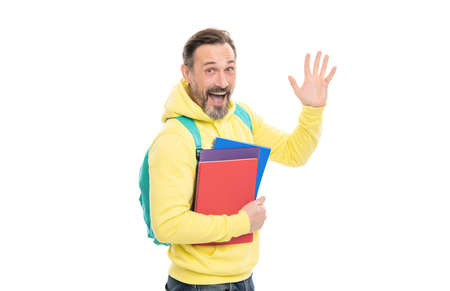 surprised man carry backpack hold notepad workbook for education isolated on white, back to school.の写真素材