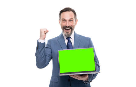 webinar pc advertisement. businessman presenting product. success. presentation on computer.の写真素材