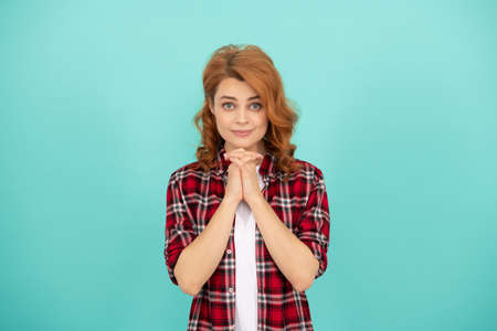 pretty look of young smiling girl. red haired woman. happy redhead woman casual style.の写真素材