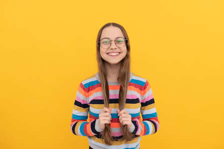 smiling schoolgirl nerd kid in eyeglasses for vision has long healthy hair, haircareの写真素材