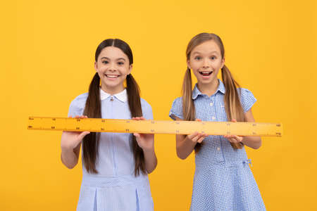 Happy schoolchildren hold wooden ruler. Geometry lesson. School education. Back to schoolの写真素材