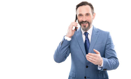 communication. businessman speak on smartphone. man boss has conversation.の写真素材
