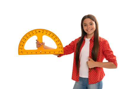 happy child hold protractor study mathematics at school showing thumb up, back to school.