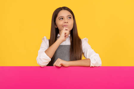 pondering teen girl with advertisement banner. kid make announcement.の写真素材