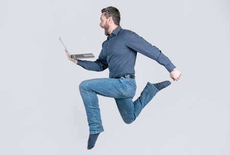 run to success. programmer man use pc. entrepreneur running and hurrying. agile business.の写真素材