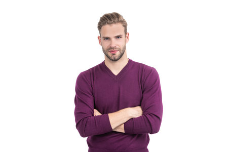 Confident guy wear casual fashion pullover keeping arms crossed isolated on white, confidenceの写真素材