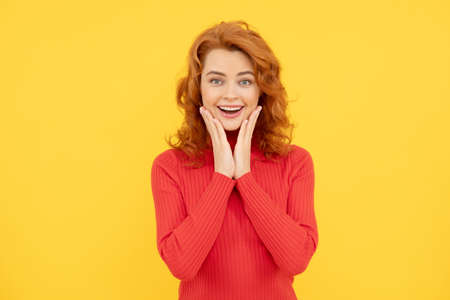 Portrait of beautiful cheerful redhead girl curly hair smiling laughing looking at cameraの写真素材