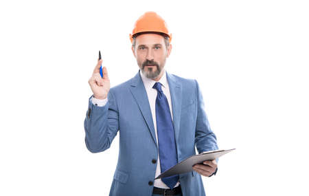 inspired businessman signing contract on folder documents isolated on white, inspiration.の写真素材