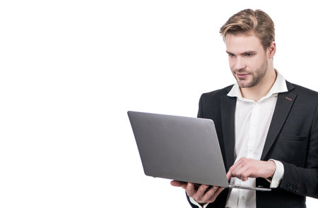 Digital professional man use laptop for running business online copy space, e-businessの写真素材