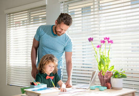 boy study with teacher. private drawing lesson. education concept. homeschooling and help.の写真素材