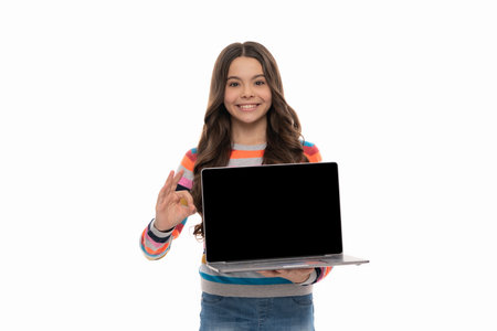 kid ready for video lesson. teen girl with laptop. online education. back to schoolの写真素材