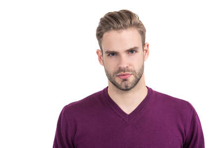 Unshaven guy with healthy hair on young facial skin isolated on white, skincareの写真素材
