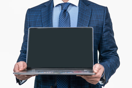 ceo showing presentation. man boss show empty screen, copy space. online presentation.の写真素材