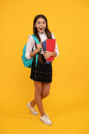 amazed kid going to do homework. teenager student hold planner notebook.の写真素材