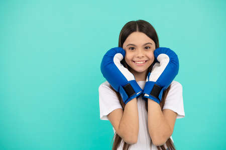 happy child boxer in boxing gloves during sport training, copy space, sportwearの写真素材