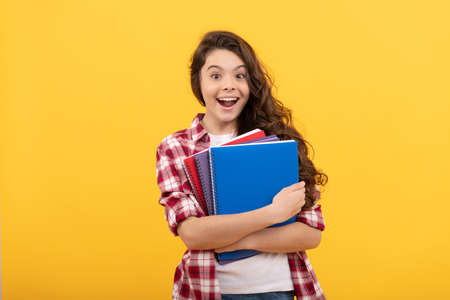 surprised school kid ready to study with workbook, back to schoolの写真素材