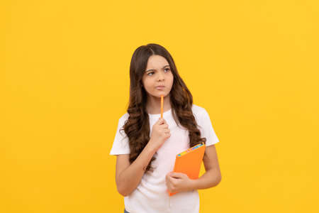 thoughtful school child ready to study with workbook and pen, schoolの写真素材