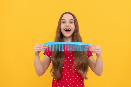 hairdresser. girl has wavy hairdo hold hairbrush. teen beauty hairstyle. portrait of frizz childの写真素材