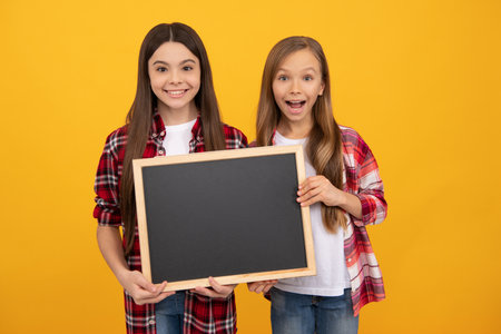 happy children in casual checkered hold school blackboard for copy space, announcementの写真素材