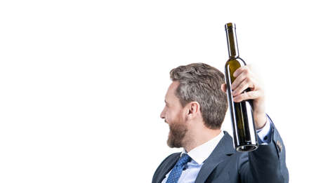 Happy man in business suit hold bottle of wine corporate party isolated on white, celebrate