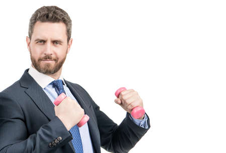 Strong businessman man do dumbell workout using hand weights, business strengthの写真素材