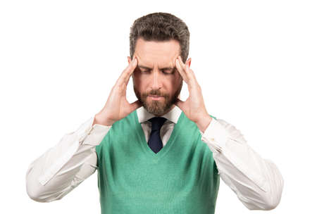 megraine. suffering businessman isolated on white. stressed guy having headache.の写真素材