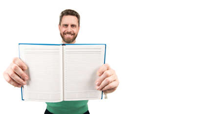 man hold planner. copy space. agenda. businessman hold notebook. ceo with notepad, selective focus