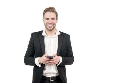 Happy professional man businessman use cellphone isolated on white copy space, mobile businessの写真素材