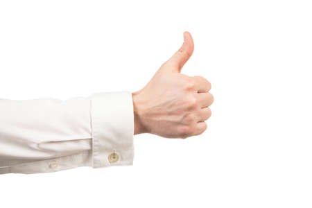 approval gesture of thumb up with male hand isolated on white, approvement