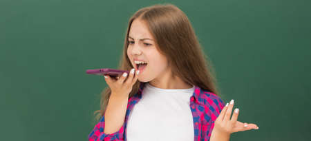 shouting teen girl wear retro clothes. childhood. negotiation. communication.