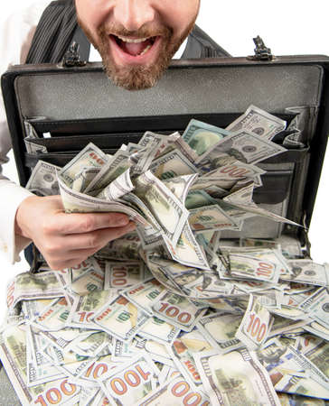 closeup of cropped businessman with money cafe isolated on white background, bribeの写真素材