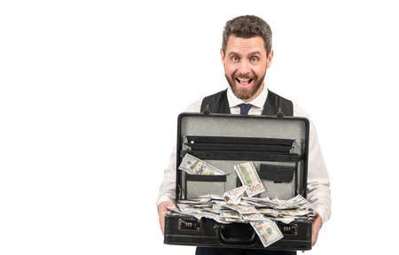 surprised businessman with money case isolated on white background, copy space, investment.