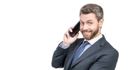 Happy lawyer man in formal suit talk on mobile phone isolated on white copy space, callの写真素材