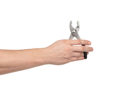 pliers repair tool in hand isolated on white, improvementの写真素材