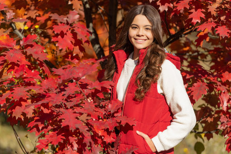 natural beauty. fall season fashion. teen girl with curly hair among autumn leaves.