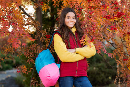 happy kid with school bag near autumn colorful leaves on rowanberry tree, september