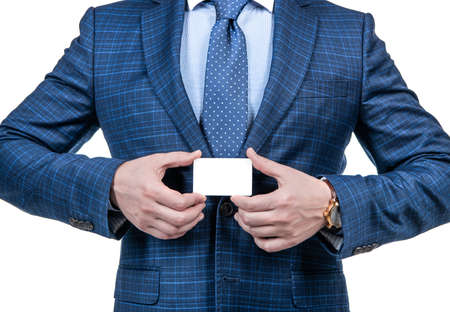 Smart business card etiquette. Empty card in male hands. Professional etiquette. Formal introductionの写真素材