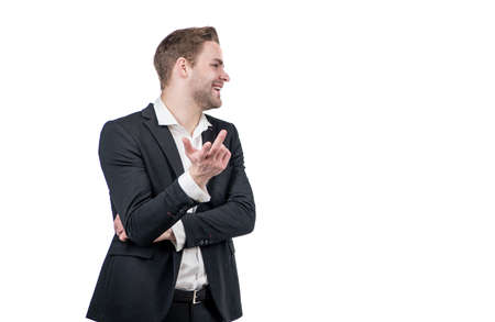 Happy business professional man in formalwear looking aside isolated on white copy space, formalの写真素材