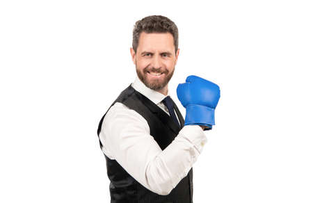 happy guy in boxing gloves and formalwear isolated on white background, successの写真素材
