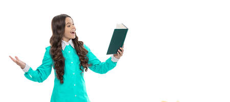 Happy kid read school book aloud with expression isolated on white, literature, copy spaceの写真素材