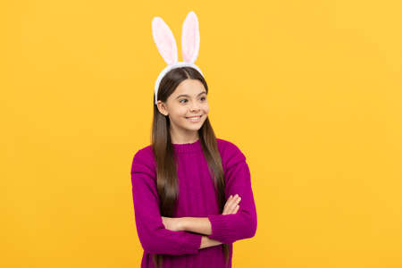happy teen kid in bunny ears, bunny hunt