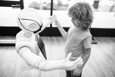robotic pandemic future. robot communicate with child. automation. humanoid technologyの写真素材