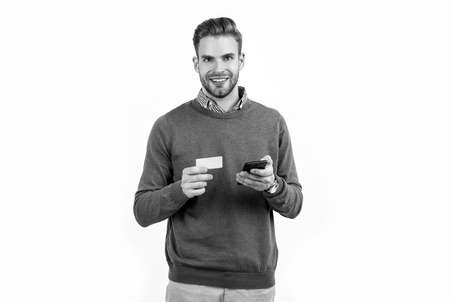 man businessman hold business card and smartphone for paying online isolated on white, cyber monday.