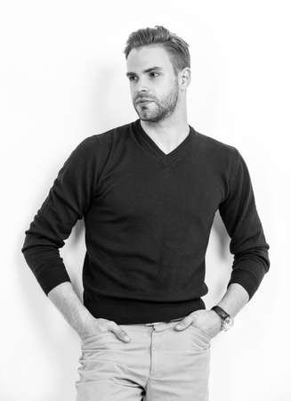 Trendy type. Handsome man keep hands in pants pockets. Casual wardrobe. Trendy menswearの写真素材