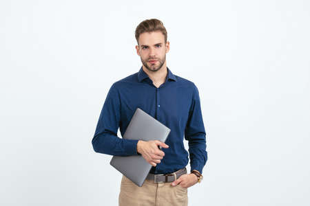 handsome man businessman hold laptop isolated on white, businessの写真素材