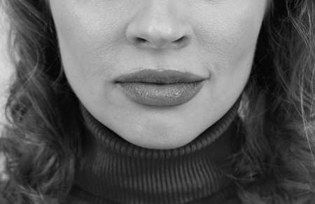 Lips of mouth. Woman lower face with sexy lips. Lip makeup. Lip visage. Female face skin and facial skincareの写真素材