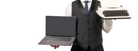 cropped man showing laptop and typewriter isolated on white, copy space, presenting product.