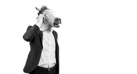 Hardworking man in horse head talk on cellphone isolated on white copy space, mobile communication